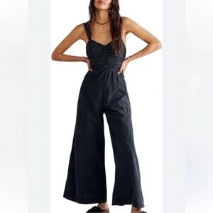 FREE PEOPLE 100% Cotton After All Ruched Jumpsuit Black Size Medium